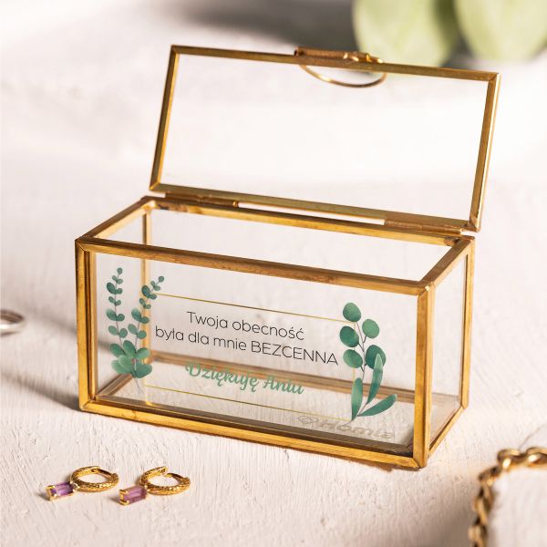 Złota mini szkatułka na biżuterię z personalizacją DLA ŚWIADKOWEJ
