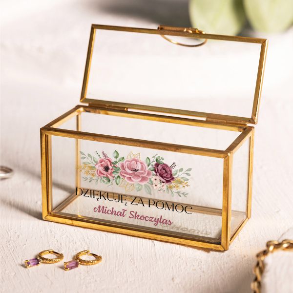 Personalizowana złota mini szkatułka na biżuterię z nadrukiem DLA PROMOTORKI