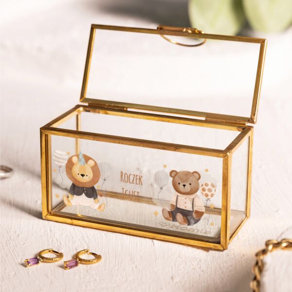 Złota mini szkatułka na biżuterię z nadrukiem NA ROCZEK