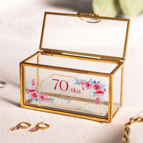 Personalizowana mini szkatułka na biżuterię złota z nadrukiem NA 70