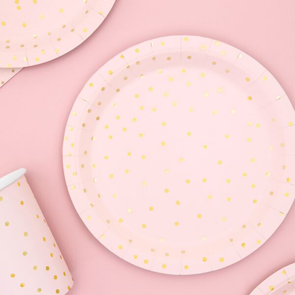 Komplet różowych talerzy w złote kropeczki 6 szt.